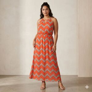 GB Gianni Bini Chevron Maxi Dress S Small Red Gray Halter Keyhole Long Summer